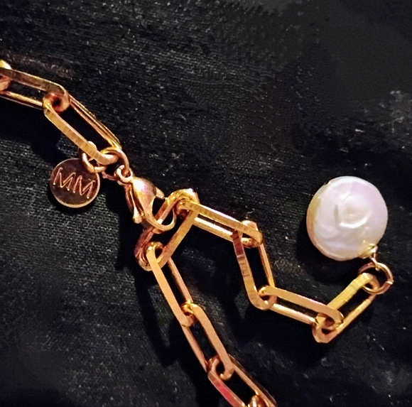 'MAYAMAR' 14K GOLD PLATED PAPERCLIP CHAINLINK NECKLACE w/ Cultured Pearl - Picture 4 of 4